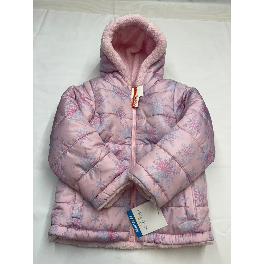 FALLS CREEK New $50 Girls 5T Pink Snowflake Reversible Hooded Winter Jacket Coat